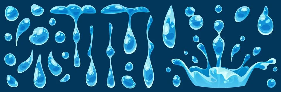 Collection of dynamic water splash elements and flying droplets. Cartoon st.. Stock Illustration