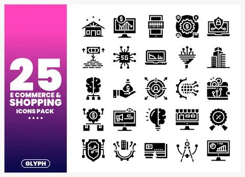 Collection of e-commerce and shopping glyph icons on a gradient background. Stock Illustration