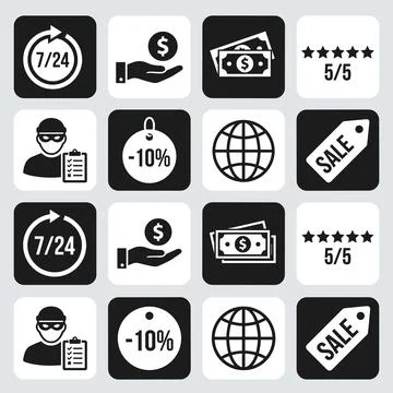 Collection of e-commerce icons including 7/24 service, hand holding dollar .. 库存插图