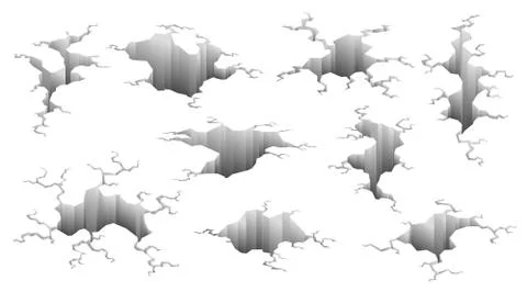 Collection of earthquake cracks. Hole effect and cracked surface. Holes in Ilustração Stock