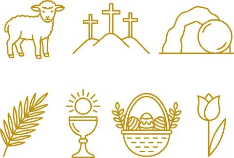 Collection of Easter and Religious Icons in Gold Outline Style. Stock Illustration