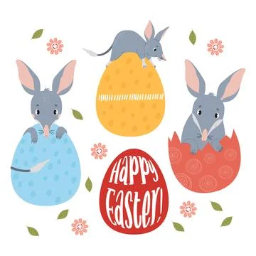Collection Easter bilbies with Easter eggs. Australian cute animal character Stock Illustration