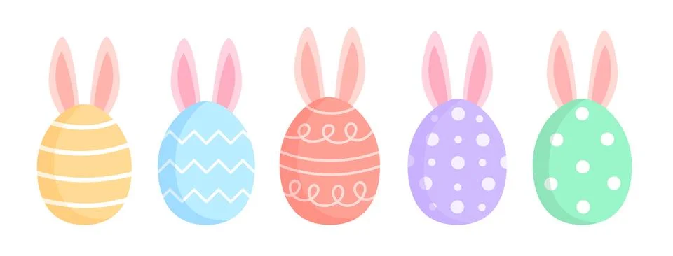 Collection of Easter eggs with bunny ears in pastel colors. Stock Illustration