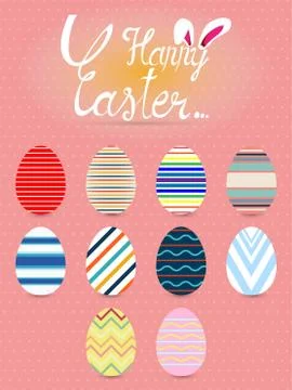 Collection of Easter eggs with different texture, pattern on retro pastel bac Stock Illustration