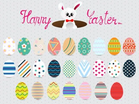 Collection of Easter eggs with different texture, pattern on retro pastel bac Illustrazione stock