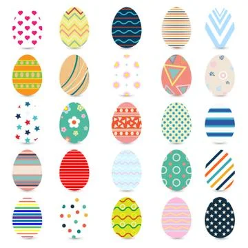 Collection of Easter eggs with different texture, pattern on white background Stock Illustration
