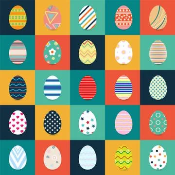 Collection of Easter eggs Flat Design with different texture, pattern on retr Stock Illustration