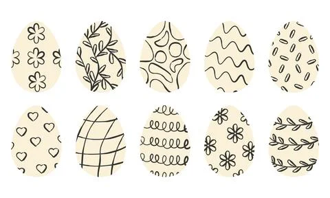 Collection of Easter eggs with various minimalist black ink ornaments on be.. Stockillustratie