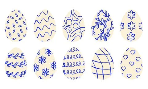Collection of Easter eggs with various minimalist blue ink ornaments on bei.. Stockillustratie