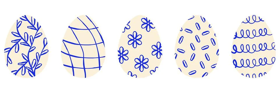 Collection of Easter eggs with various minimalist blue ink ornaments on bei.. Stock Illustration