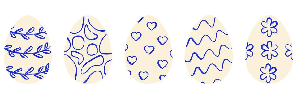 Collection of Easter eggs with various minimalist blue ink ornaments on bei.. Stock Illustration