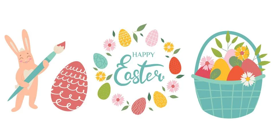 Collection of Easter elements - basket with eggs, wreath, Easter rabbit. Flat Illustrazione stock
