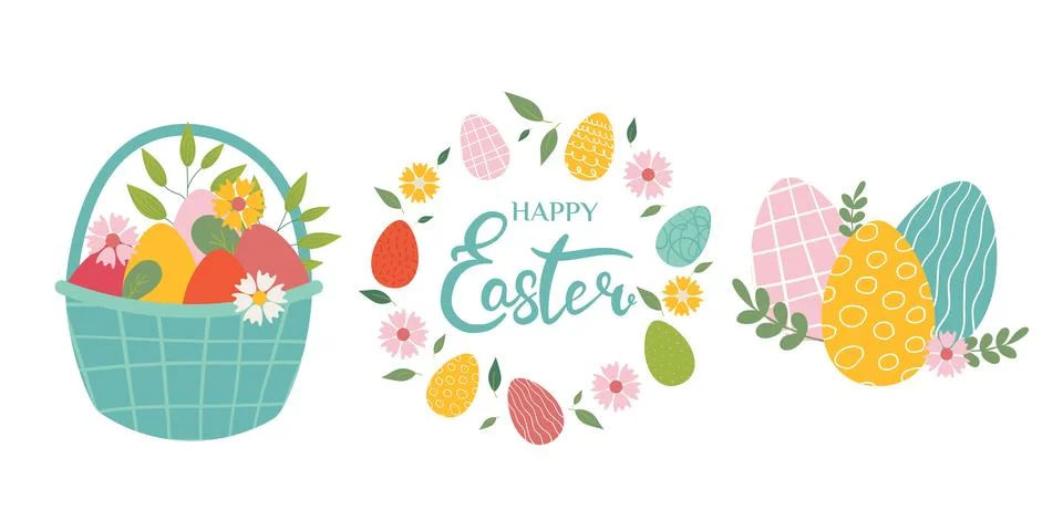 Collection of Easter elements - basket with eggs, wreath, Easter eggs. Flat.. Stock Illustration