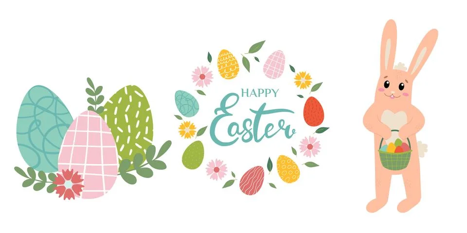 Collection of Easter elements - Easter rabbit, wreath, Easter eggs. Flat vect Illustrazione stock