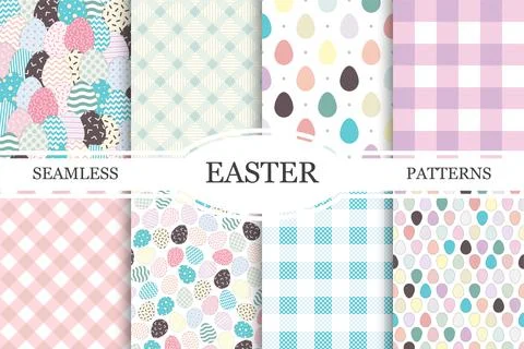 Collection of Easter seamless patterns. Holiday repeatable backgrounds - Stock Illustration