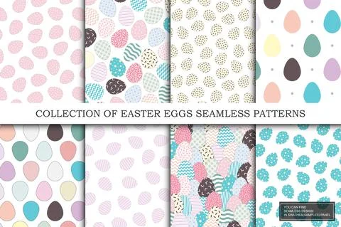 Collection of Easter seamless patterns. Holiday repeatable backgrounds with eggs Stock Illustration