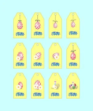 Collection of Easter tags with bunny rabbit, eggs. Label for gift box. Spring Stock Illustration