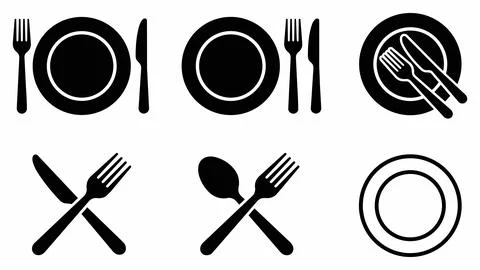 Collection of eating utensils and table setting icons in black silhouette Stock Illustration