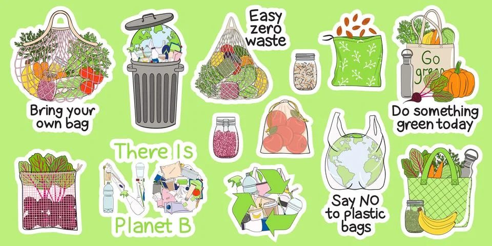 Collection of eco-friendly and zero waste stickers. Concept of prevention of  Stock Illustration