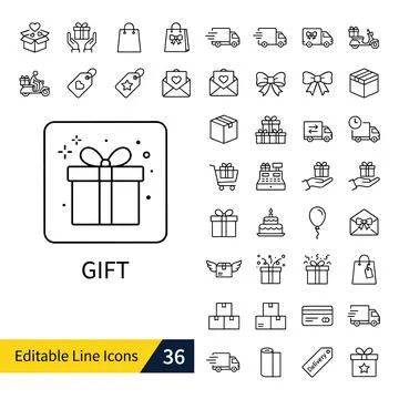 Collection of editable line icons representing gifts, delivery trucks, shop.. Stock Illustration