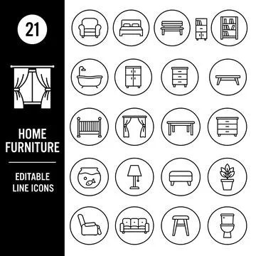 Collection of editable line icons representing various home furniture items.. Stock Illustration