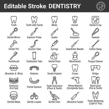 Collection of editable stroke line icons representing dentistry, dental too.. Stock Illustration