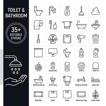 Collection of editable stroke line icons for toilet and bathroom essentials.. Stock Illustration