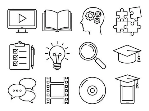 Collection of education and learning icons including computer monitor with .. Ilustração Stock
