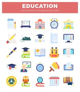Collection of educational icons representing learning and academic pursuits. Illustrazione stock