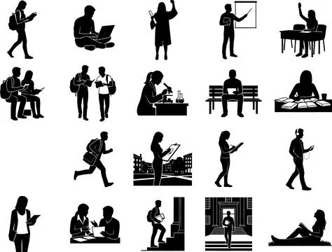 Collection of Educational Student Activities and Academic Life Silhouettes Stock Illustration