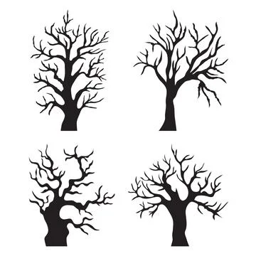 Collection of eerie, leafless tree silhouettes with twisted branches Stock Illustration
