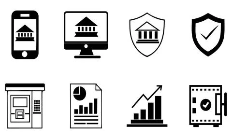 Collection of eight black and white representing financial services and sec.. Stock Illustration