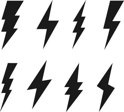 Collection of eight black lightning bolt silhouettes on a white background Illustrazione stock