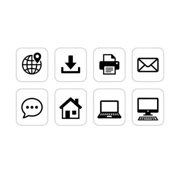 Collection of eight black simple flat icons on white rounded squares: globe.. Stock Illustration