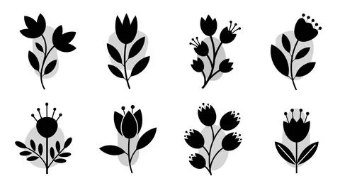 A collection of eight different flower silhouettes Stock Illustration