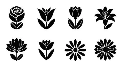 A collection of eight different flower silhouettes Stock Illustration
