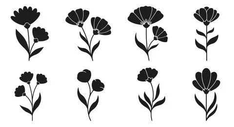 A collection of eight different flower silhouettes Stock Illustration