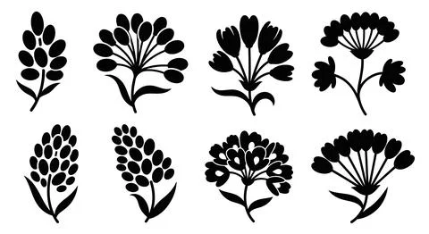 A collection of eight different flower silhouettes Stock Illustration