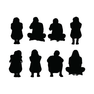 Collection of eight diverse human figures in black silhouette each depicted.. Stock Illustration