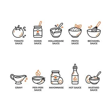 Collection of eight flat icon illustrations for various sauces including to.. Illustrazione stock