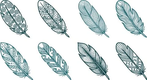 Collection of Eight Ornate Feather Illustrations with Bohemian Patterns. Stock Illustration