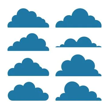 Collection of eight stylized blue cloud shapes on a white background Illustrazione stock