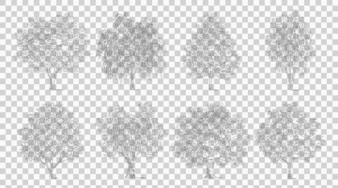 Collection of eight tree line sketches isolated on transparent background Иллюстрация