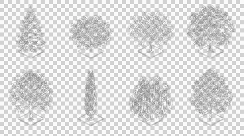 Collection of eight trees in plan view isolated on transparent background Stock Illustration