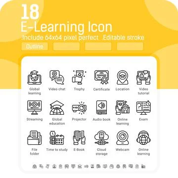 Collection of elearning icon with line style isolated on white background 스톡 일러스트
