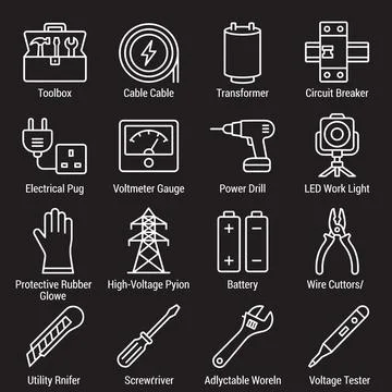 Collection of electrical and construction tool icons including toolbox, cab.. Stock Illustration