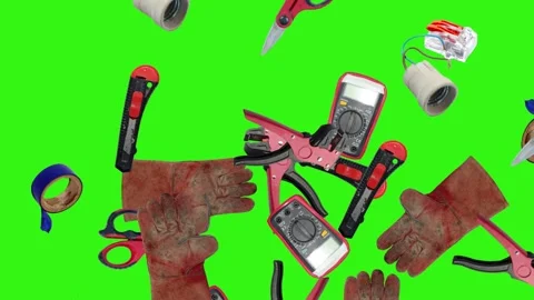 Collection of electrical and repair tools floating on a green background 库存影片 335185574