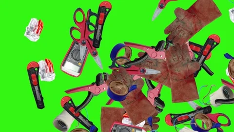Collection of electrical and repair tools floating on a green background 库存影片 335185580