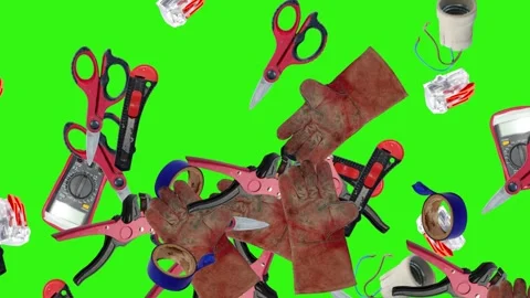 Collection of electrical and repair tools floating on a green background 库存影片 335185581