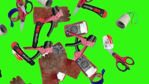 Collection of electrical and repair tools floating on a green background 库存影片 335185599